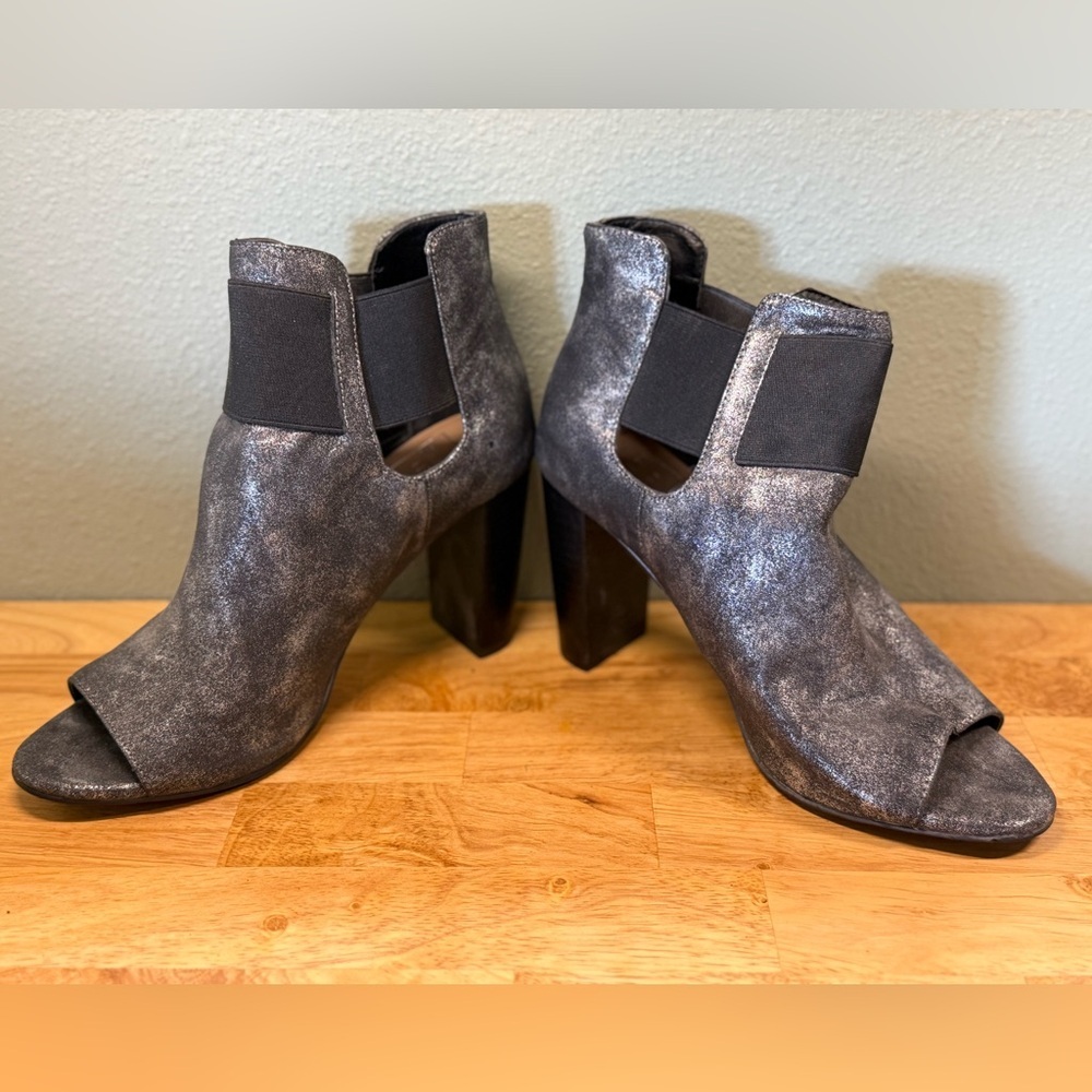 Women's Metallic Gray Peep-Toe Block Heel Ankle Boots